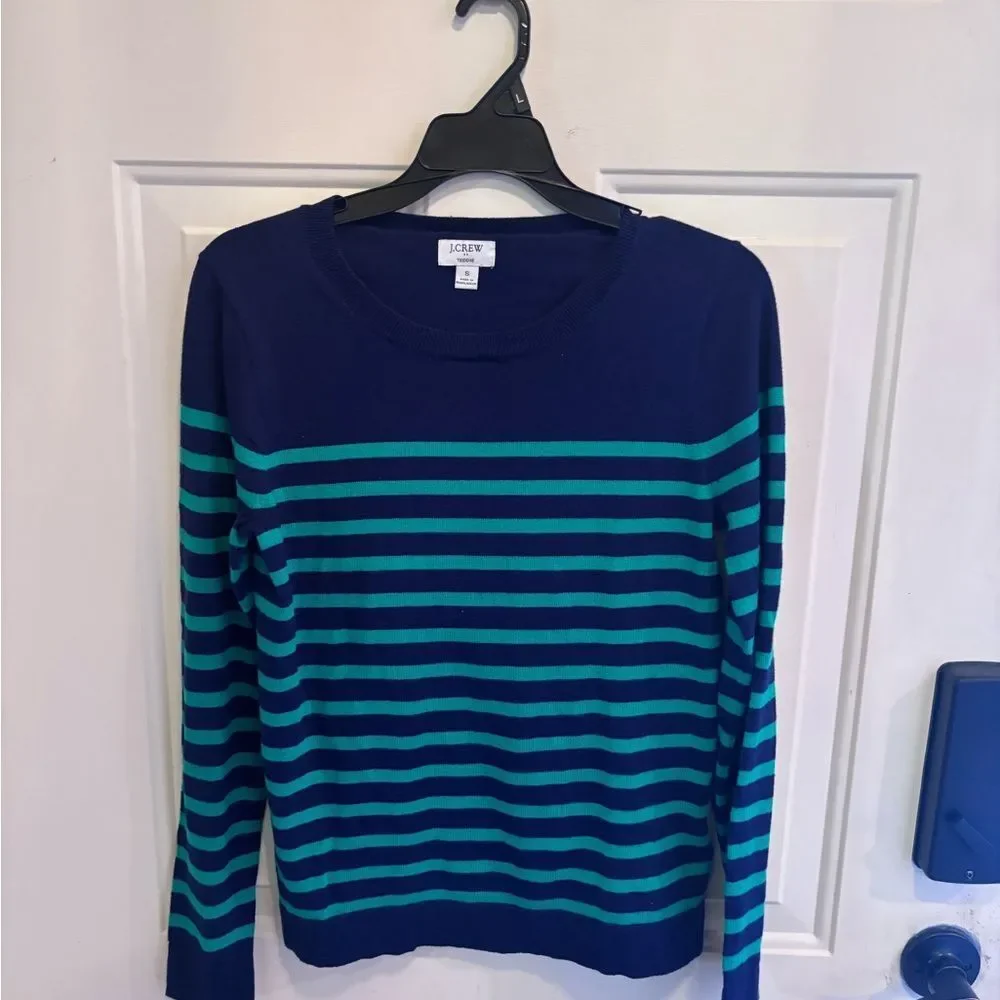 J. Crew Navy and Green Striped Long-Sleeve Tee